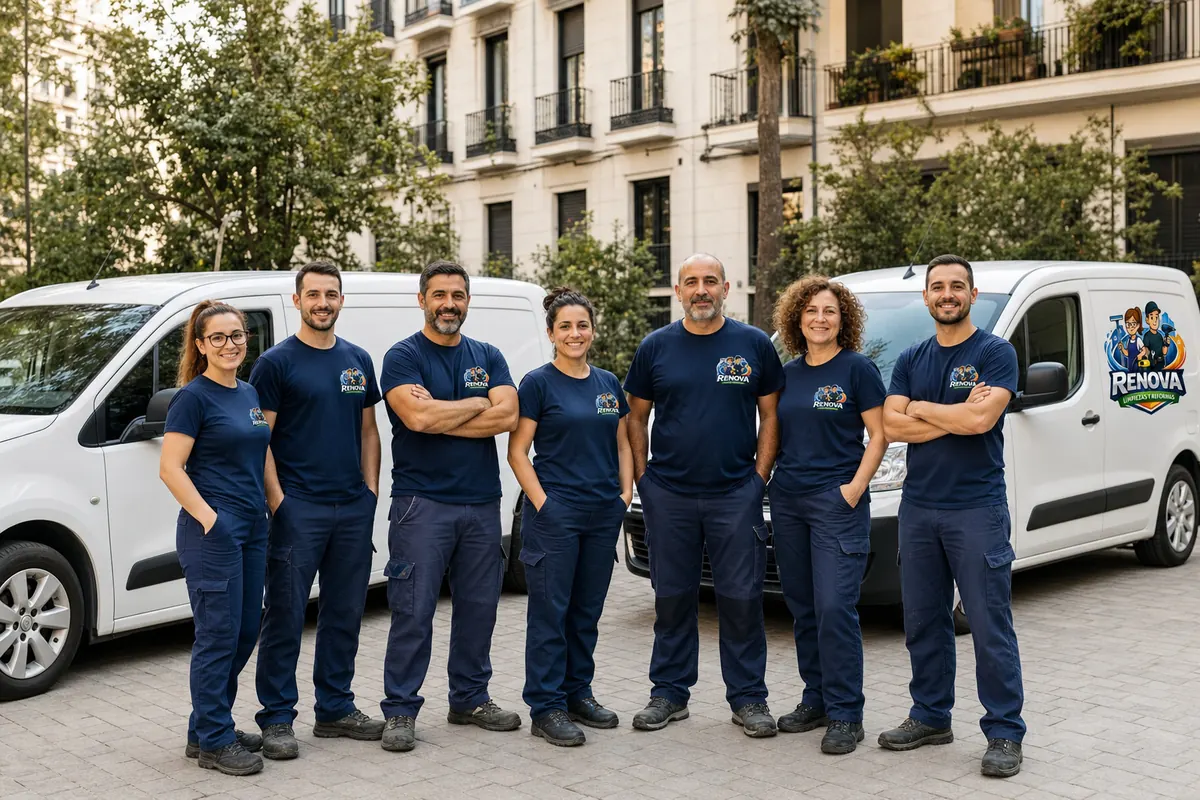 Equipo de Renova Limpiezas y Reformas junto a sus furgonetas en Madrid